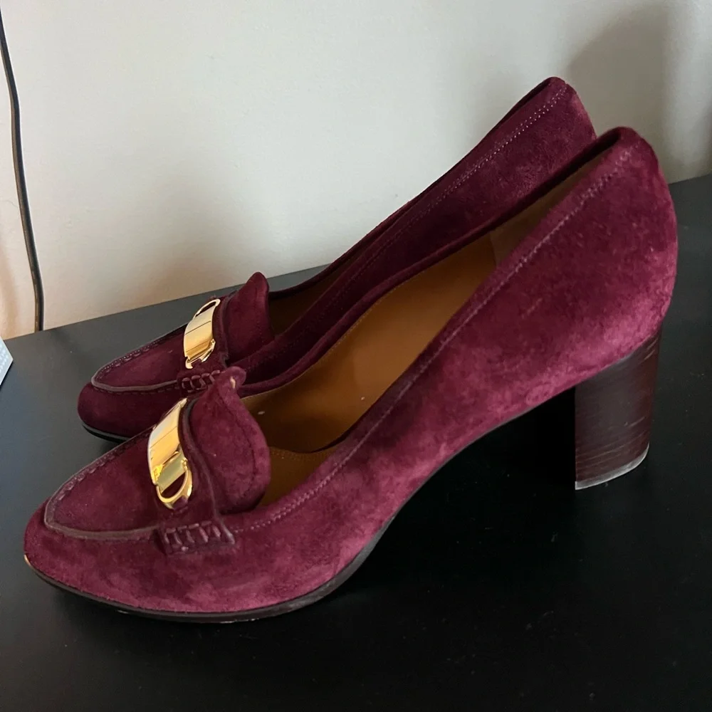 Ralph Lauren Purple Label Burgundy Suede Horsebit Pumps Gold Bit Made in Italy - Picture 4 of 11